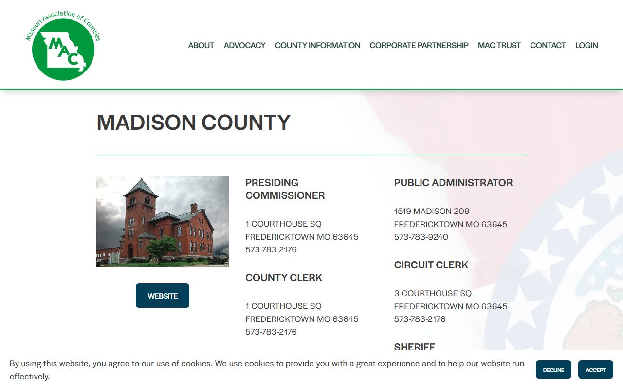 Madison County Jail custody search address in Missouri Association of Counties directory