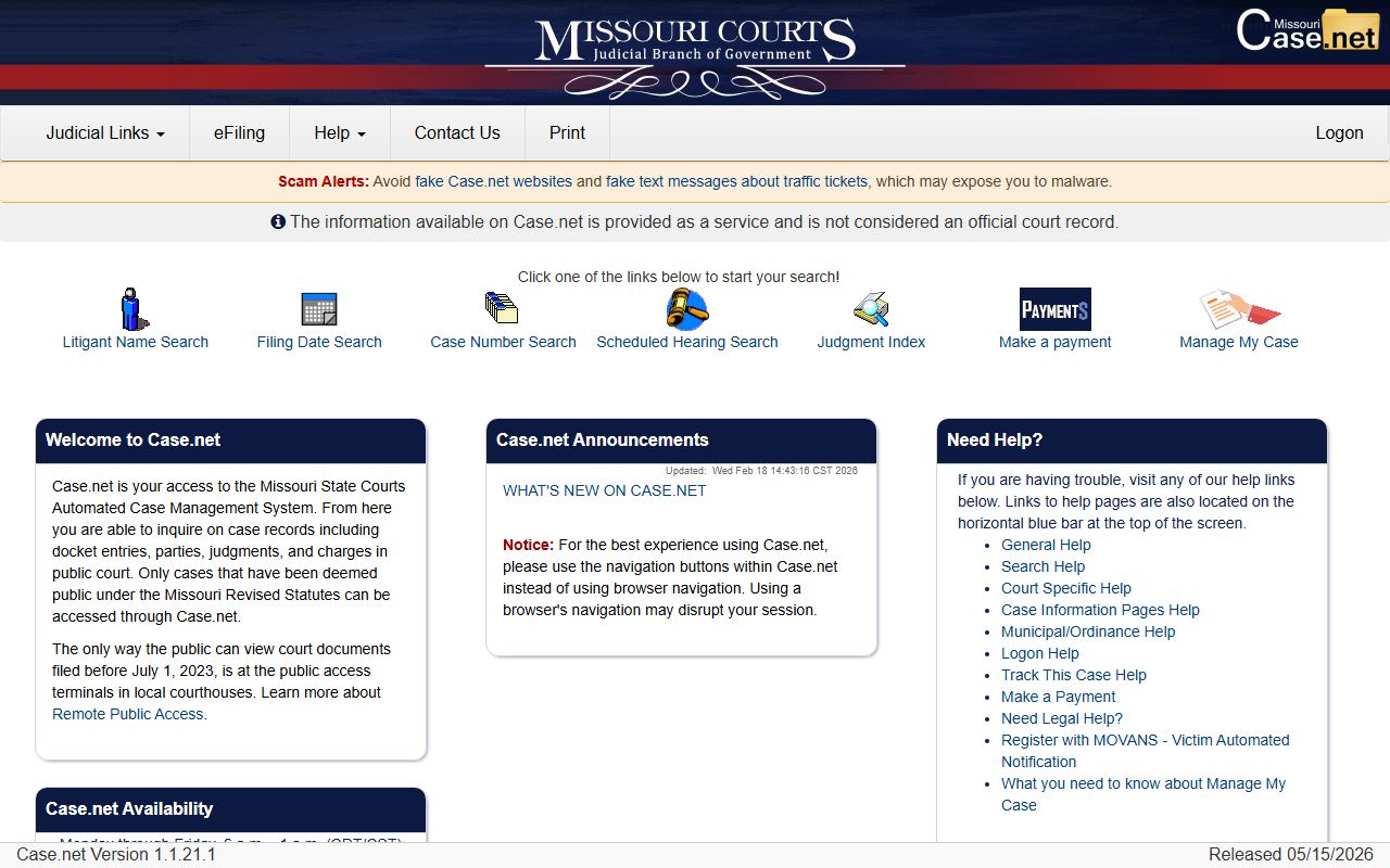 Missouri Case.net search for Madison County court records after arrest